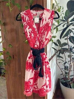 Sleeveless pink & White Pleated Mini Dress with Black Tie